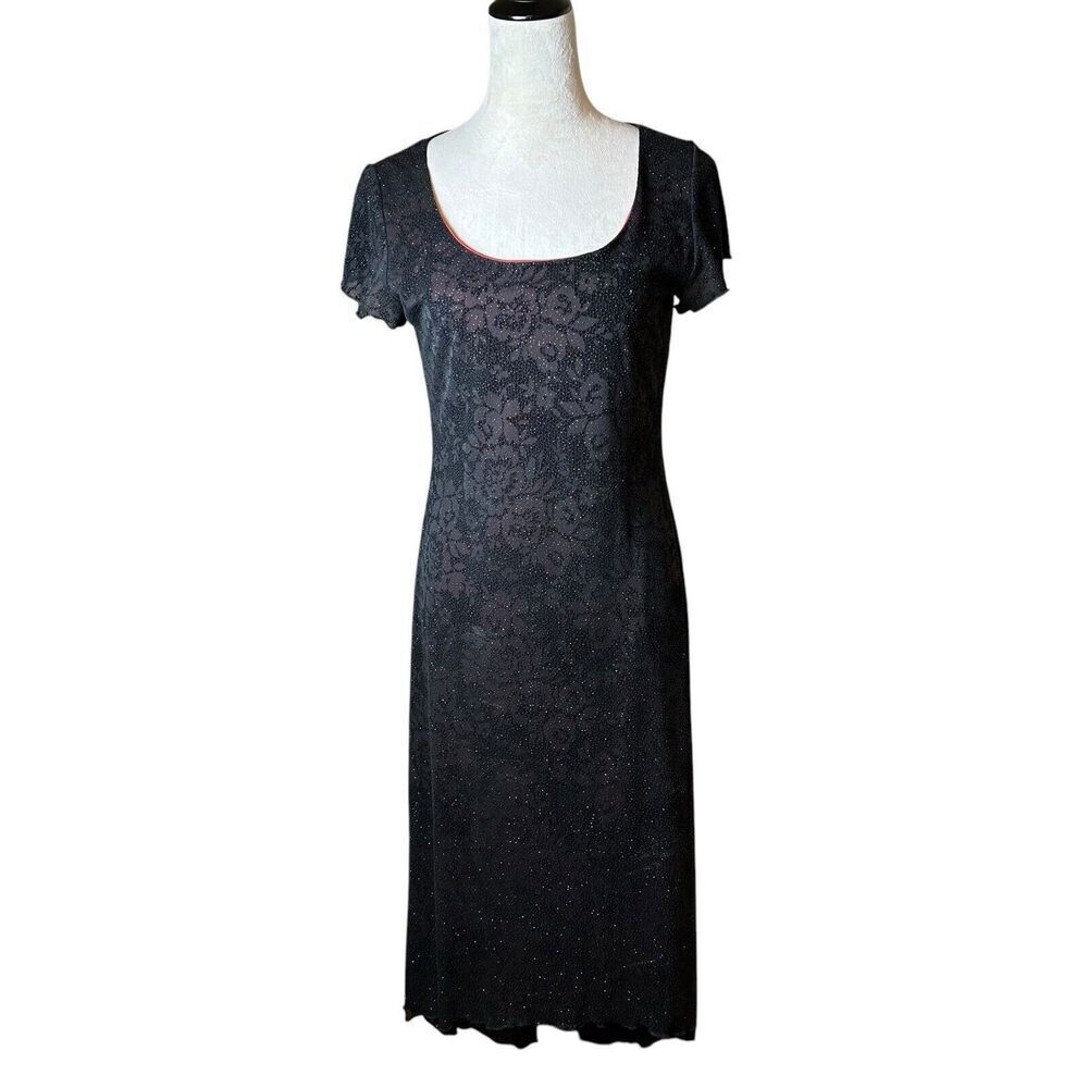 Vintage Y2K AGB Black Sparkle Floral Hi-Low Dress‎ Sz 6 | Goth Party Made in USA